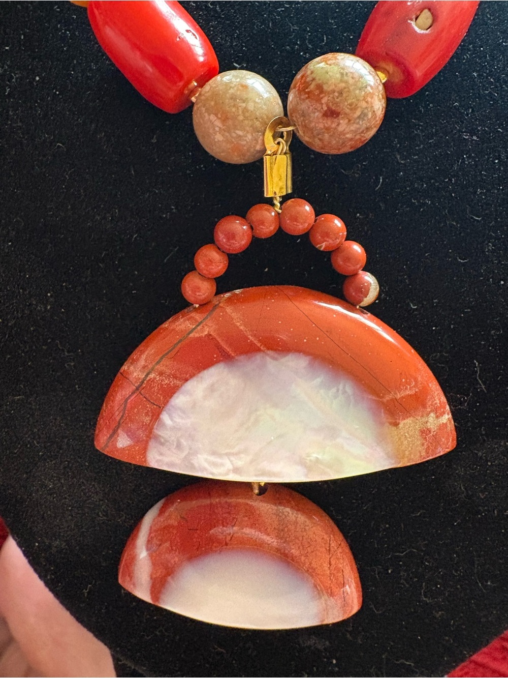 Hand Crafted Coral Beads With Carnelian Pendant Necklace - Picture 2 of 5
